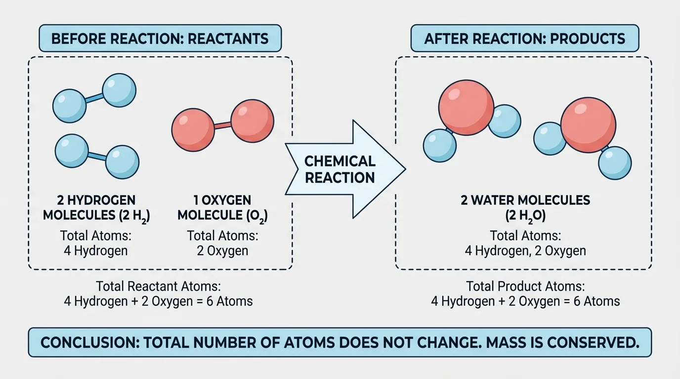 Color-coded particle diagram of hydrogen molecules and oxygen molecules rearranging into water molecules, with the same hydrogen and oxygen atoms matched before and after