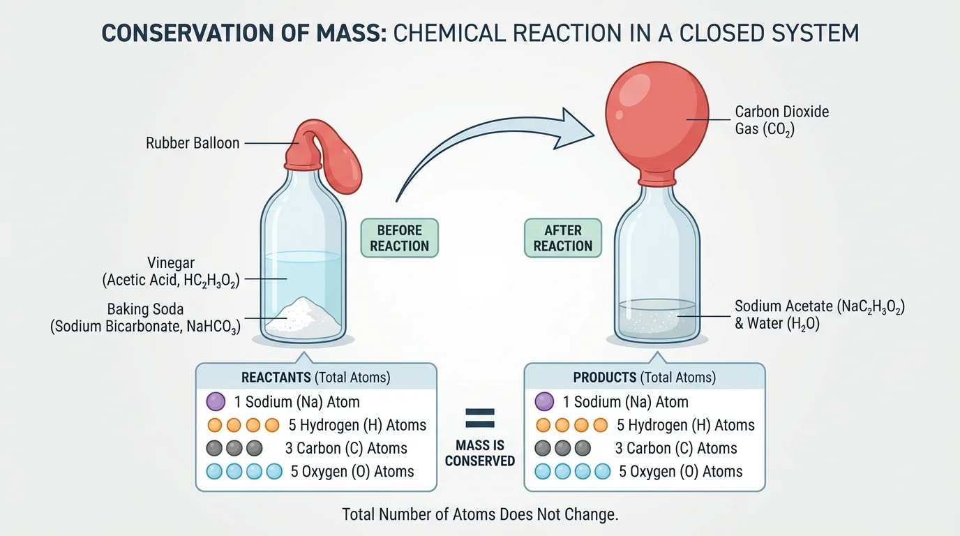 Bottle-and-balloon setup for a vinegar and baking soda reaction, with the balloon inflating as gas is trapped in the closed system