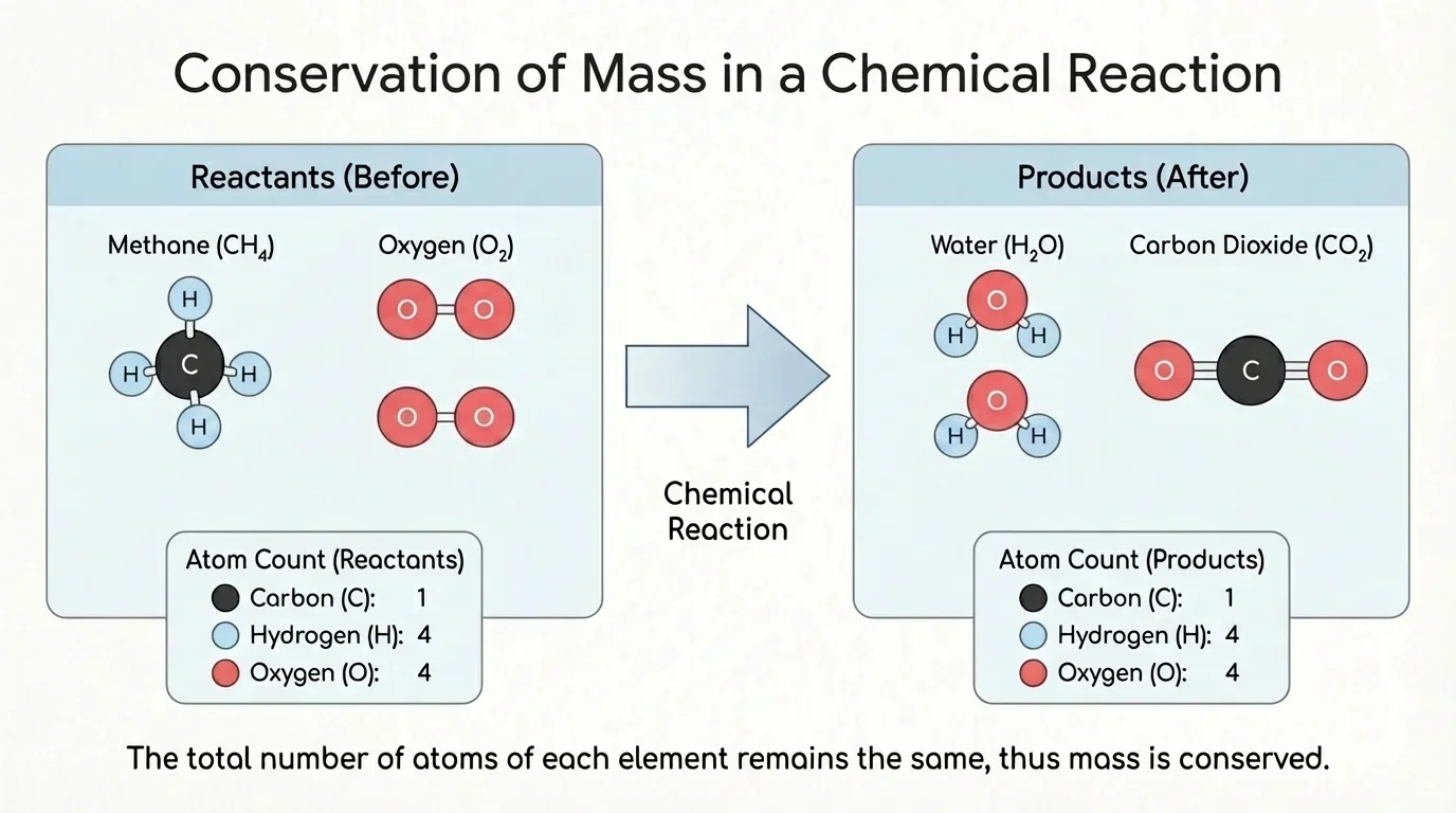 Particle-count comparison using color-coded atoms for methane and oxygen forming carbon dioxide and water, with equal totals of carbon, hydrogen, and oxygen before and after