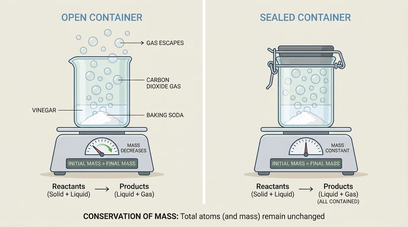 Side-by-side view of the same gas-producing reaction in an open container losing bubbles to the air and a sealed container keeping all matter inside