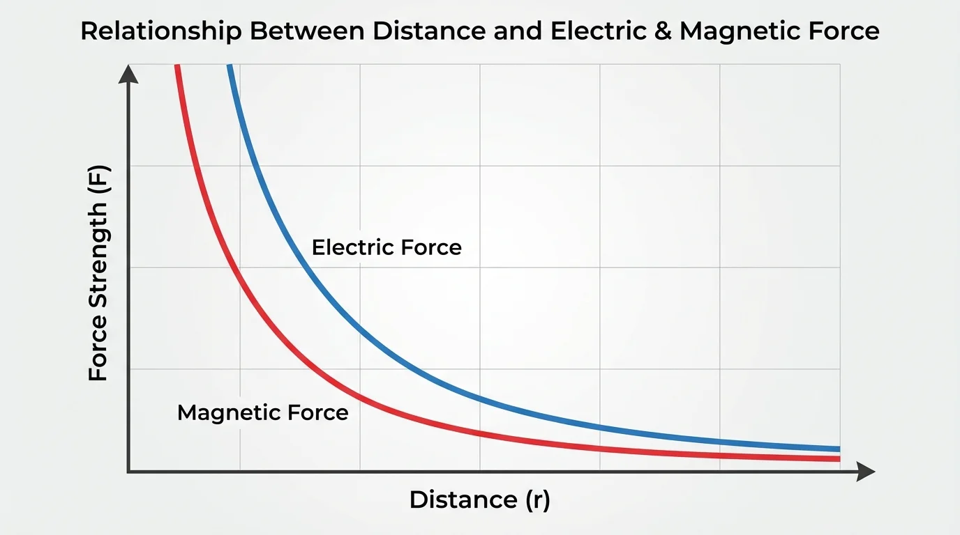 Simple graph with distance on the horizontal axis and force strength on the vertical axis, showing a downward trend for electric and magnetic force as distance increases