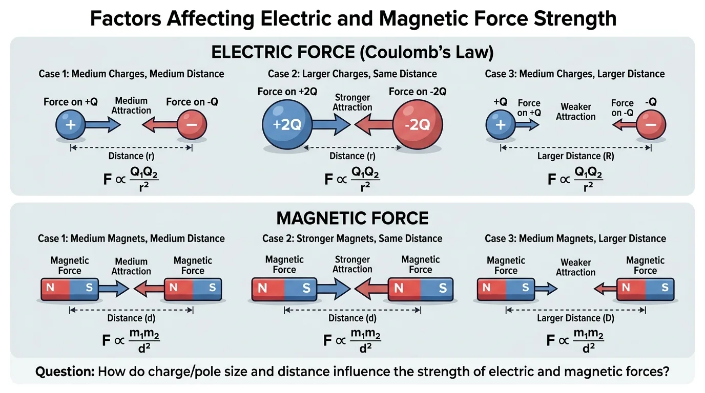 Pairs of charged objects with different charge sizes and different distances, showing stronger and weaker attraction or repulsion with labeled force arrows
