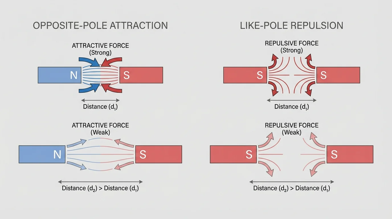 Two bar magnets shown in opposite-pole attraction and like-pole repulsion at different distances, with labeled north and south poles and force arrows