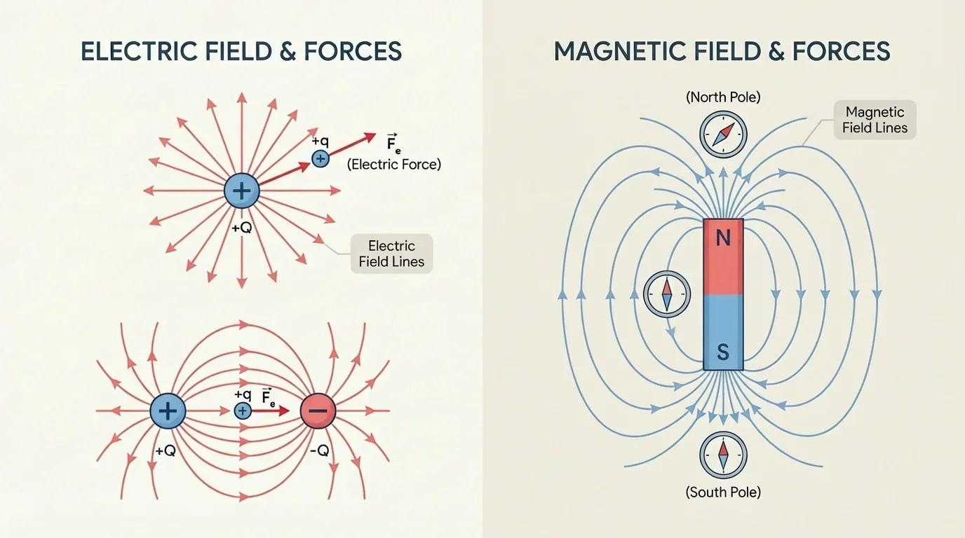 Labeled comparison of an electric field around charged objects and a magnetic field around a bar magnet, with arrows showing field direction and small test objects such as a positive test charge and a compass