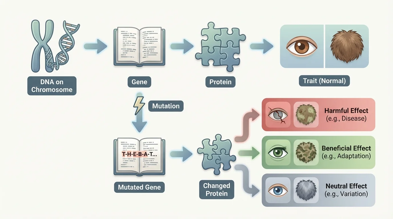 A simple chain showing "DNA on chromosome" → "gene" → "protein" → "trait" with arrows and simple icons like a book page (gene), a puzzle piece (protein), and an eye or fur color patch (trait).