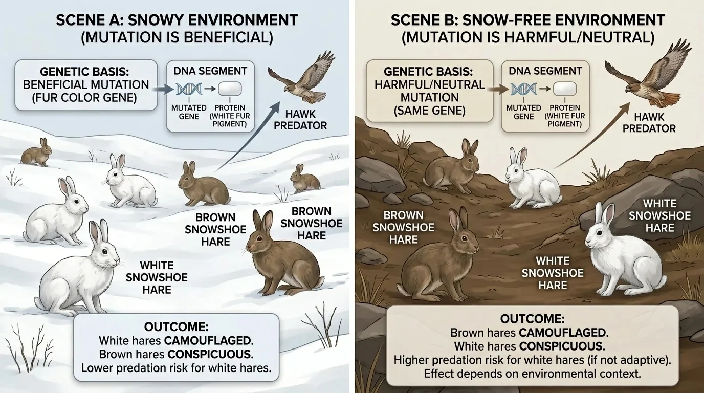 Two side-by-side scenes of rabbits: on the left, white and brown rabbits on snow, with a predator. White rabbits blend in, brown ones stand out; on the right, the same rabbits on brown ground, where brown rabbits blend in and white ones stand out.