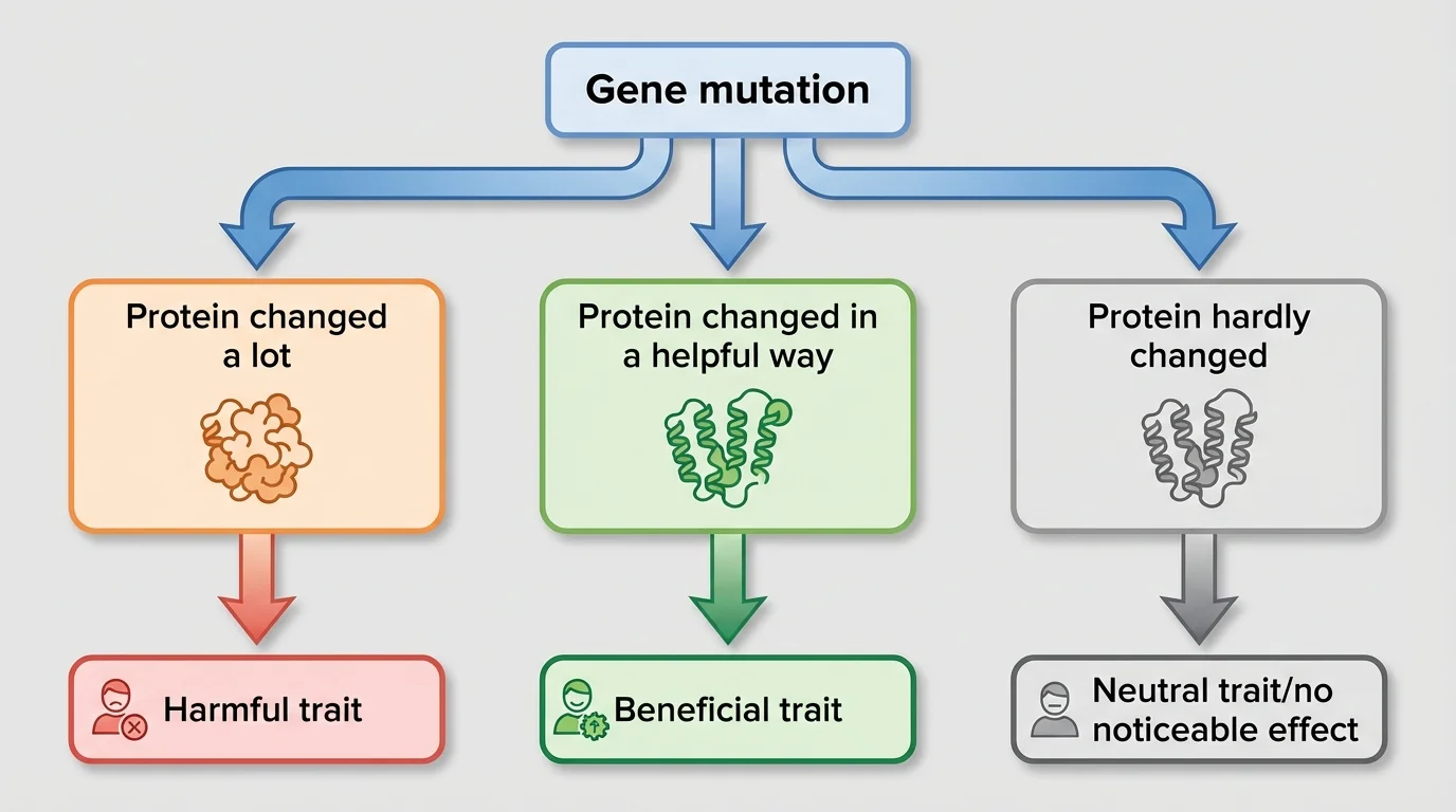 Flowchart starting with "Gene mutation" box leading to three branches: "Protein changed a lot" → "Harmful trait"; "Protein changed in a helpful way" → "Beneficial trait"; "Protein hardly changed" → "Neutral trait/no noticeable effect".