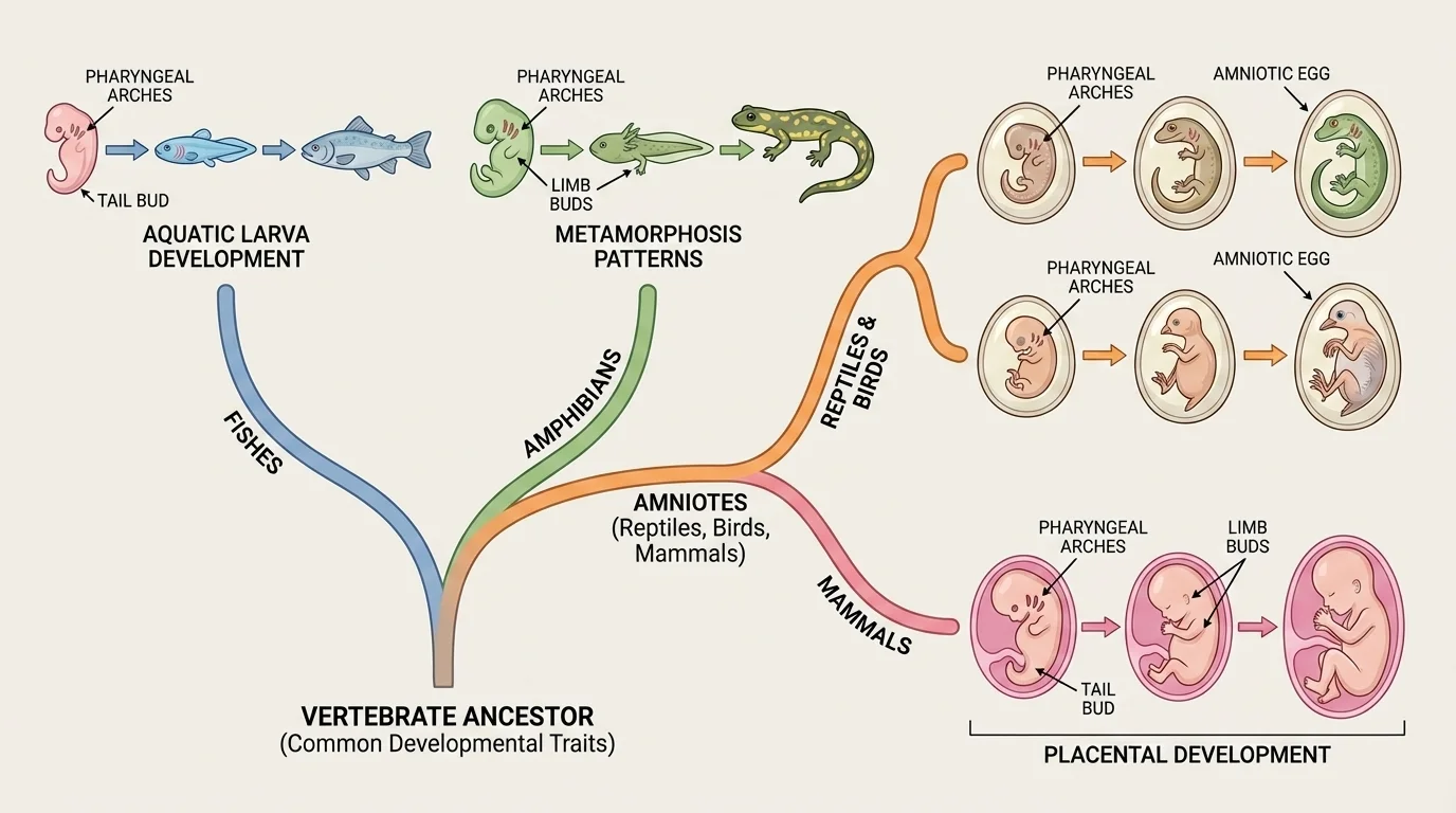 branching relationship diagram grouping vertebrates using embryo similarity patterns, with closer branches for species showing more similar visible development patterns