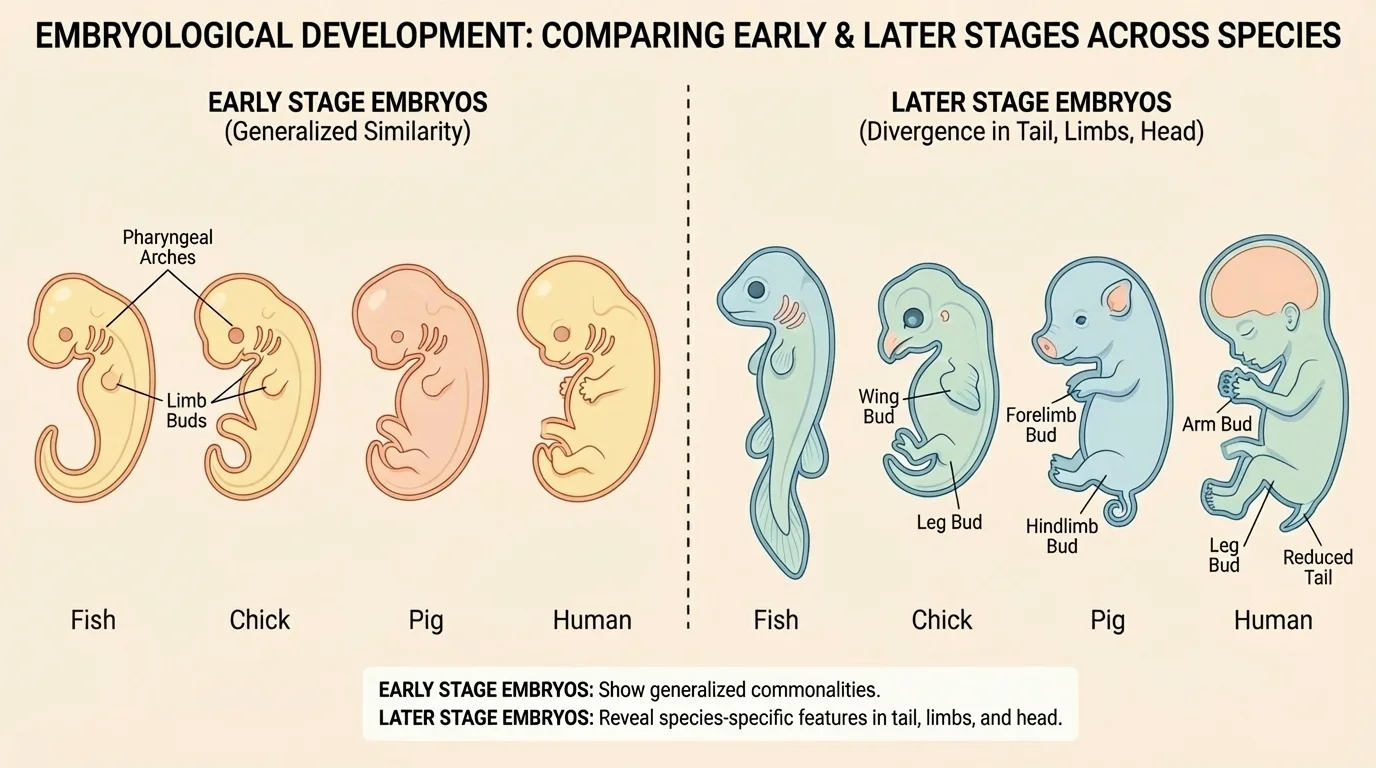 two-stage comparison of fish, chick, pig, and human embryos showing early similarity and later visible differences in tail length, limb buds, and head shape