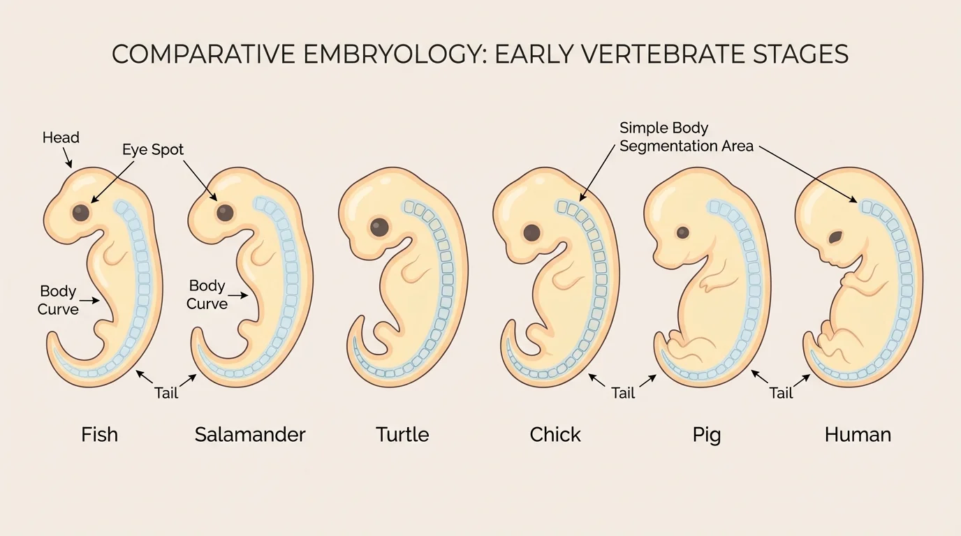 side-by-side early vertebrate embryos labeled head, eye spot, tail, body curve, and simple body segmentation area, using fish, salamander, turtle, chick, pig, and human
