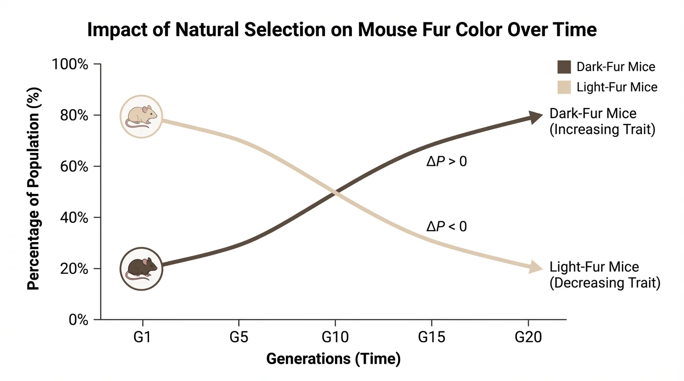 Line graph showing percentage of dark-fur mice increasing across generations while light-fur mice decrease