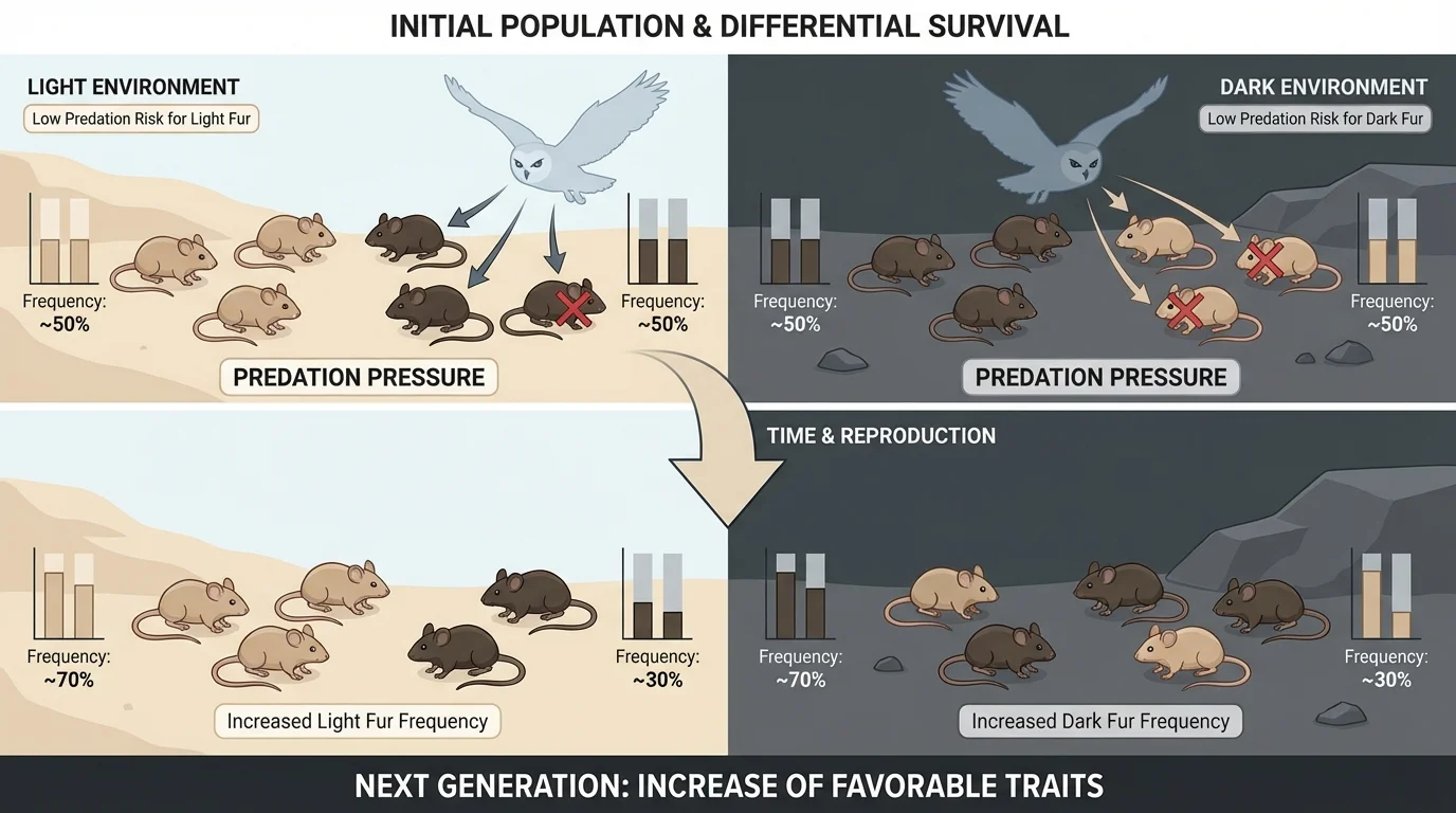 Population of mice on light and dark ground, showing different fur colors and which are more visible to predators