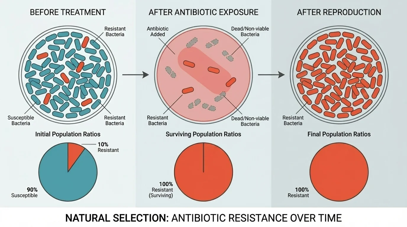 Sequence showing a mixed bacterial population before treatment, after antibiotic exposure, and after resistant bacteria reproduce