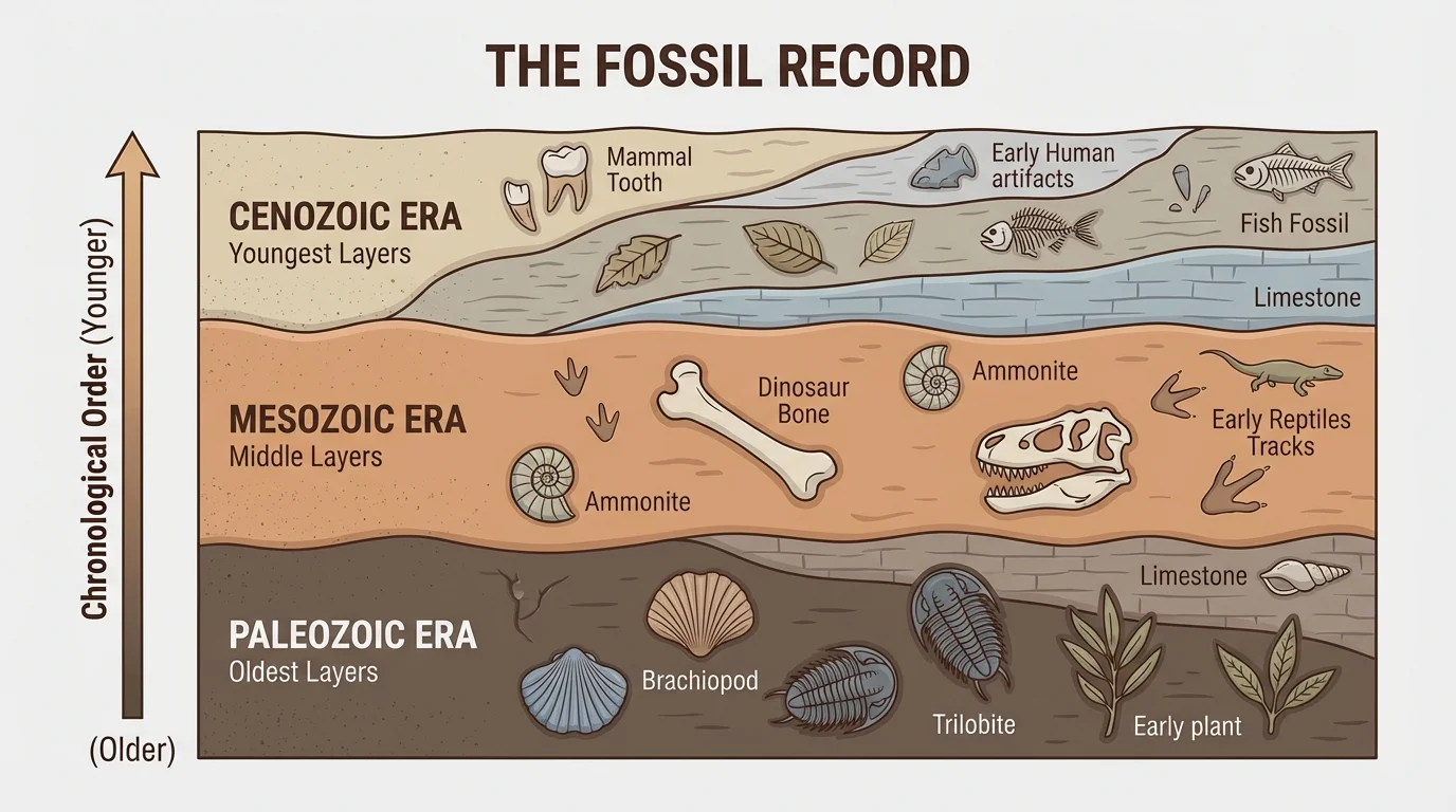 Labeled sedimentary rock layers stacked vertically with oldest at bottom and youngest at top, each layer containing different fossils such as shells, fish, and dinosaur bones