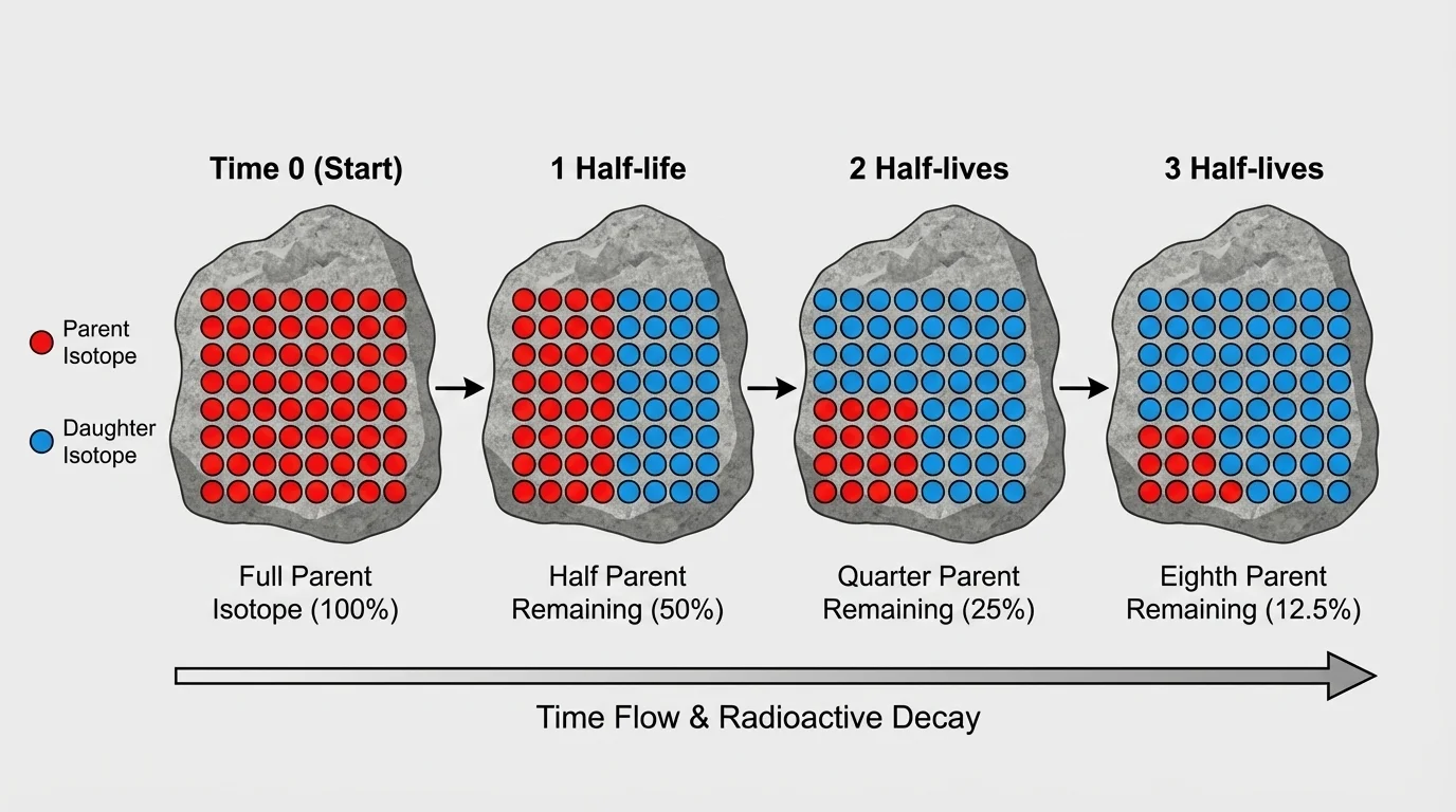 Simple half-life sequence showing one rock sample with full parent isotope, then half, quarter, and eighth remaining across equal time intervals