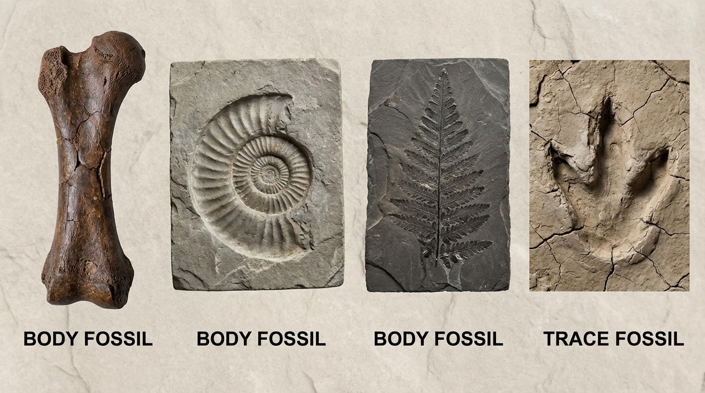 Side-by-side drawings of different fossil types: a dinosaur bone, a shell imprint, a leaf impression, and a fossil footprint, each labeled as body or trace fossil
