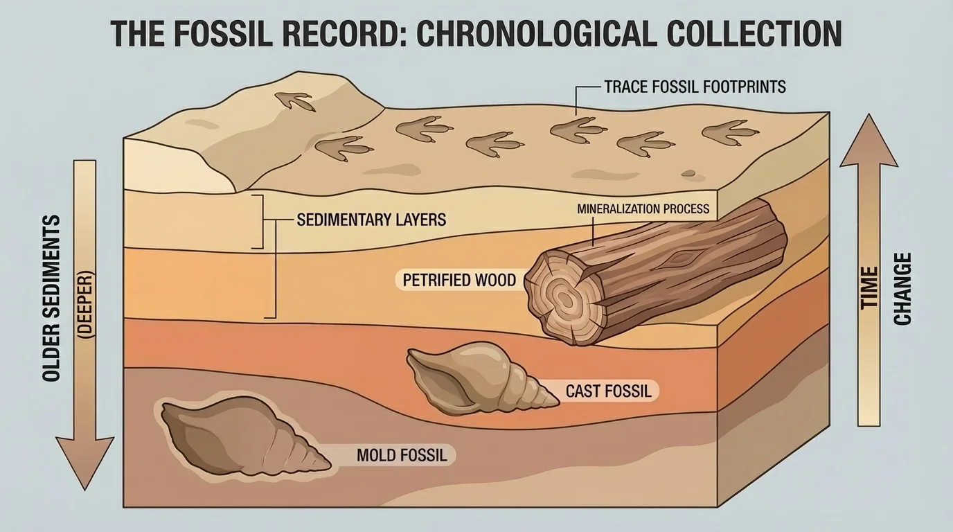 Cross-section showing an organism buried in sediment and examples labeled mold fossil, cast fossil, petrified wood, and trace fossil footprints