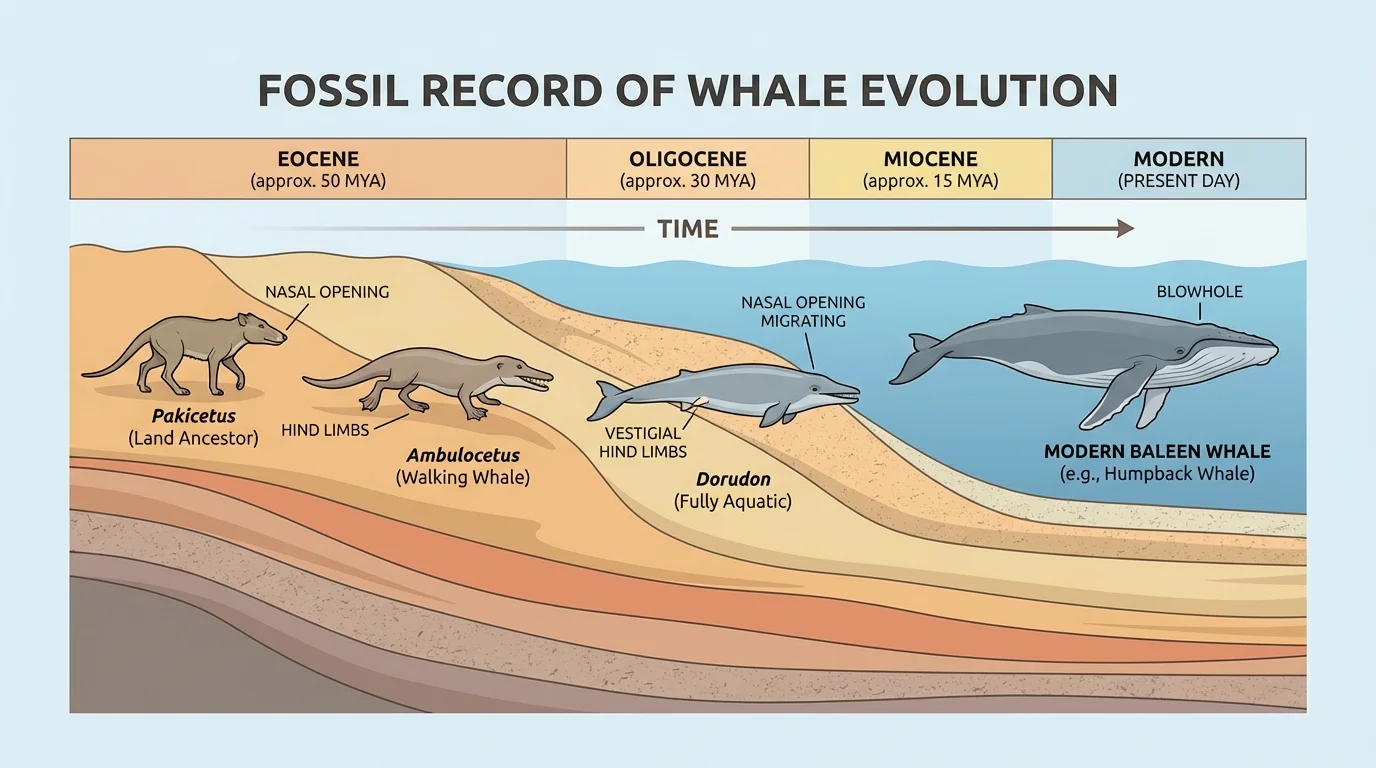 Sequence of related fossil organisms across time showing gradual body changes, such as early whale ancestors to modern whales
