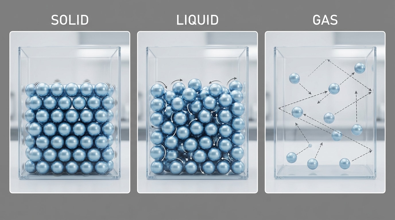 Three panels showing particle models: (a) solid with closely packed vibrating particles, (b) liquid with close but sliding particles, (c) gas with widely spaced fast-moving particles in a container