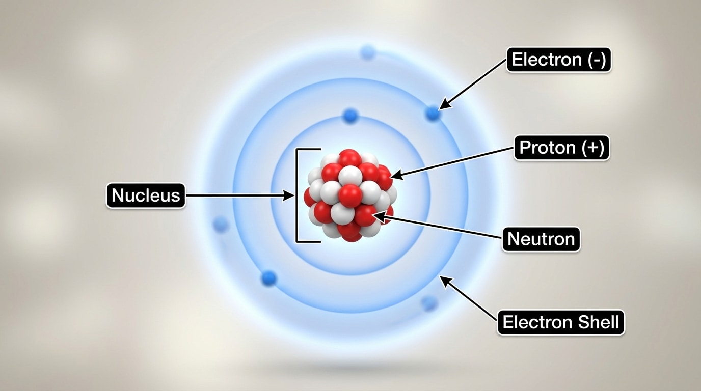 Simple labeled diagram of an atom showing nucleus (protons and neutrons) and electrons in shells or cloud, suitable for middle school