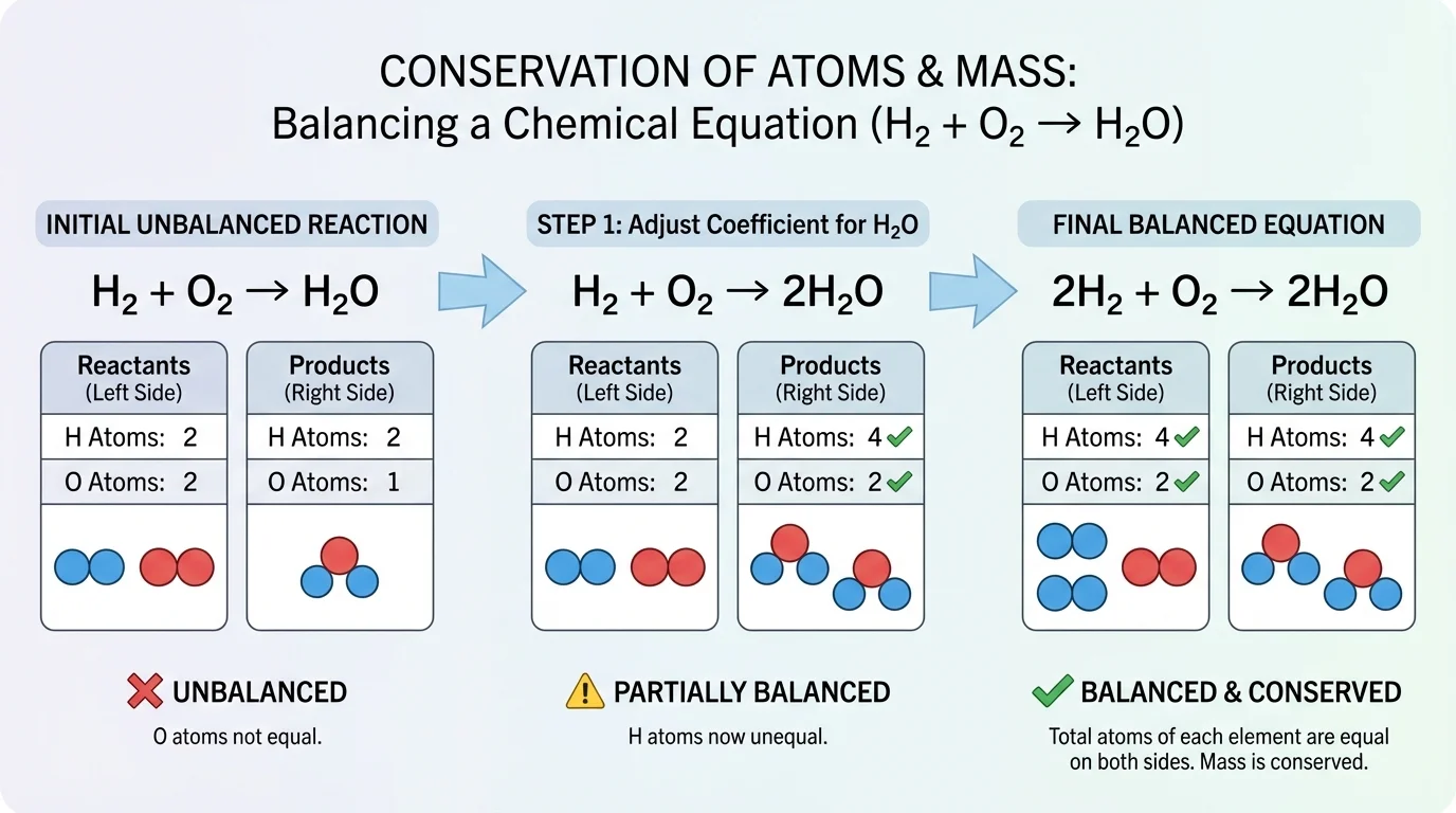 Step-by-step balancing of a simple equation with atom counts on left and right updating after each coefficient change