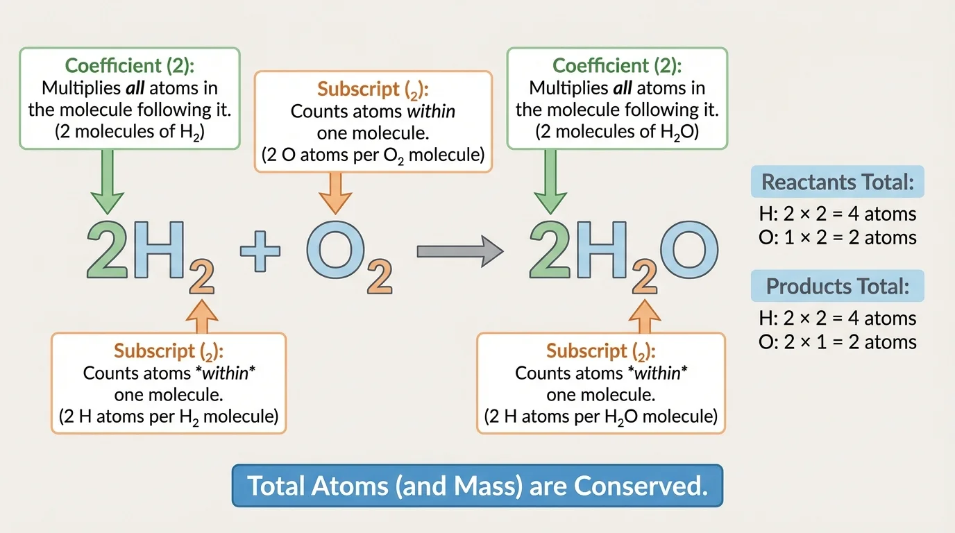 Labeled chemical equation with arrows pointing to coefficient and subscript, showing that a coefficient multiplies all atoms in the formula while a subscript counts atoms within one molecule