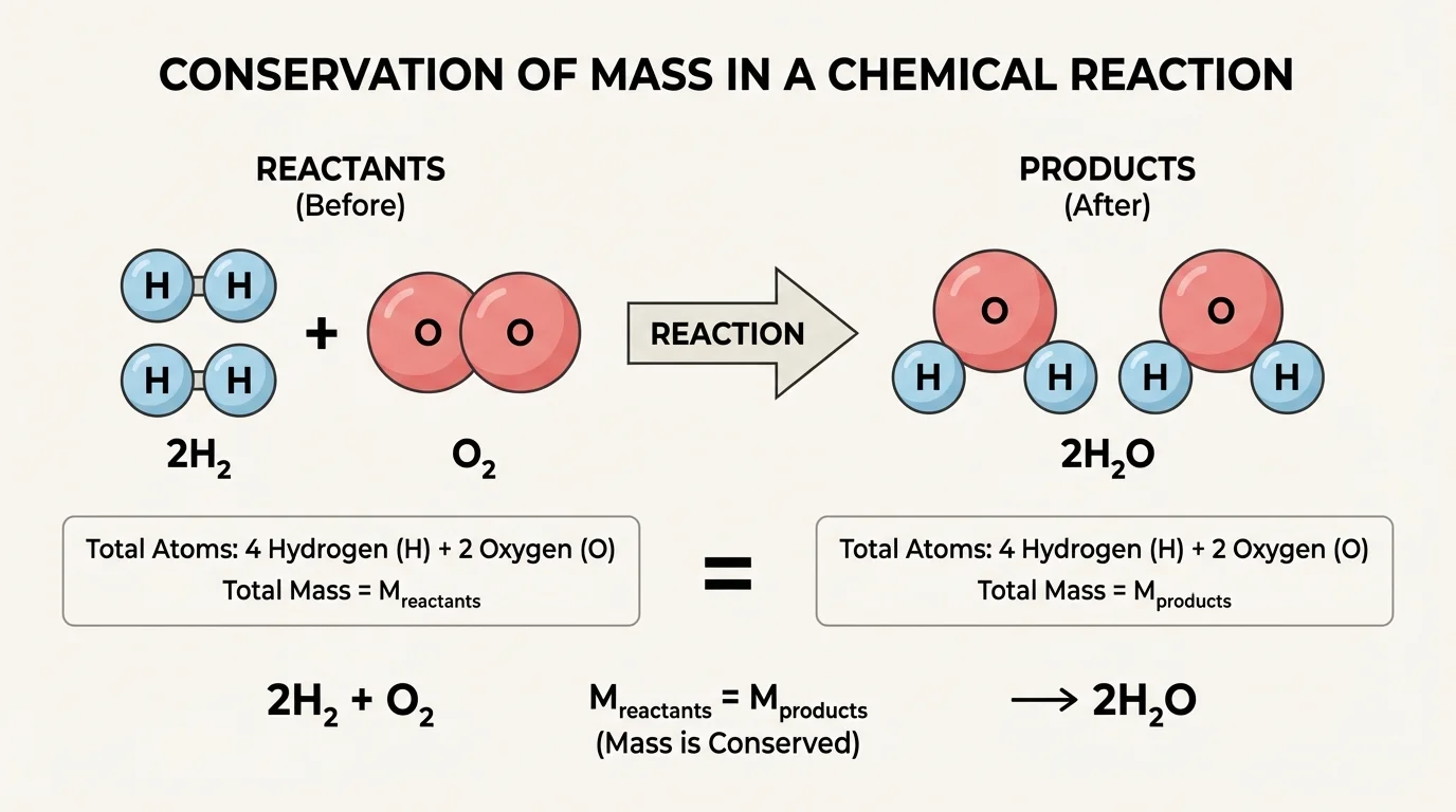 Particle diagram showing two hydrogen molecules and one oxygen molecule rearranging into two water molecules, with hydrogen and oxygen atoms color-coded and equal atom counts before and after