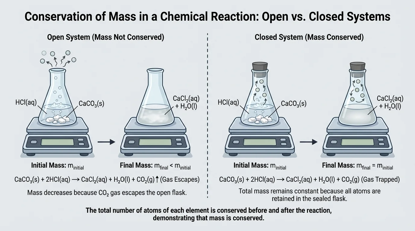 Two balances comparing an open flask and a sealed flask during a gas-producing reaction, with gas escaping from the open flask and equal total mass retained in the closed system