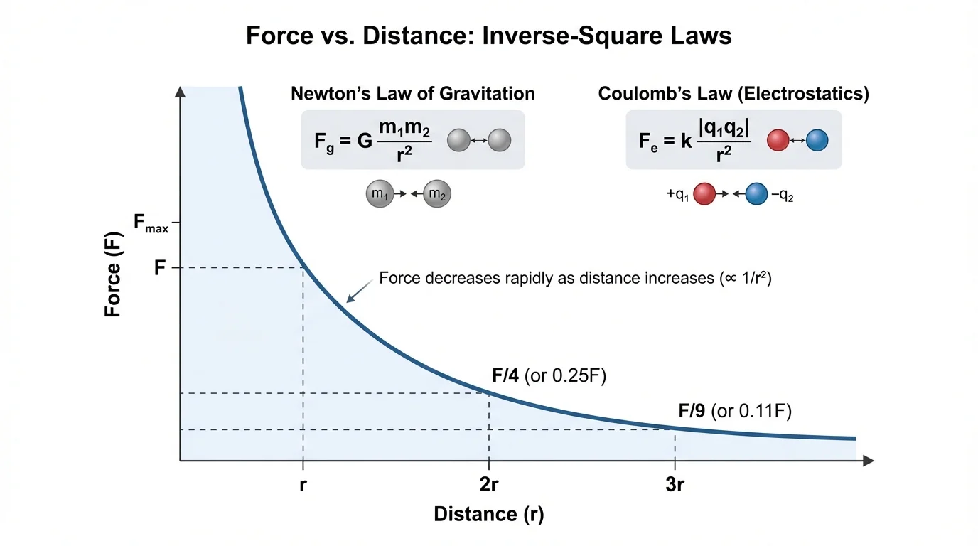 Simple graph showing force decreasing rapidly as distance increases, comparing values at r, 2r, and 3r