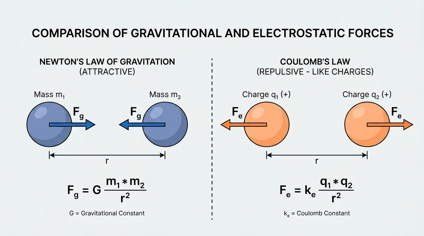 Diagram with one pair of opposite charges attracting and one pair of like charges repelling, each with force arrows and distance label r