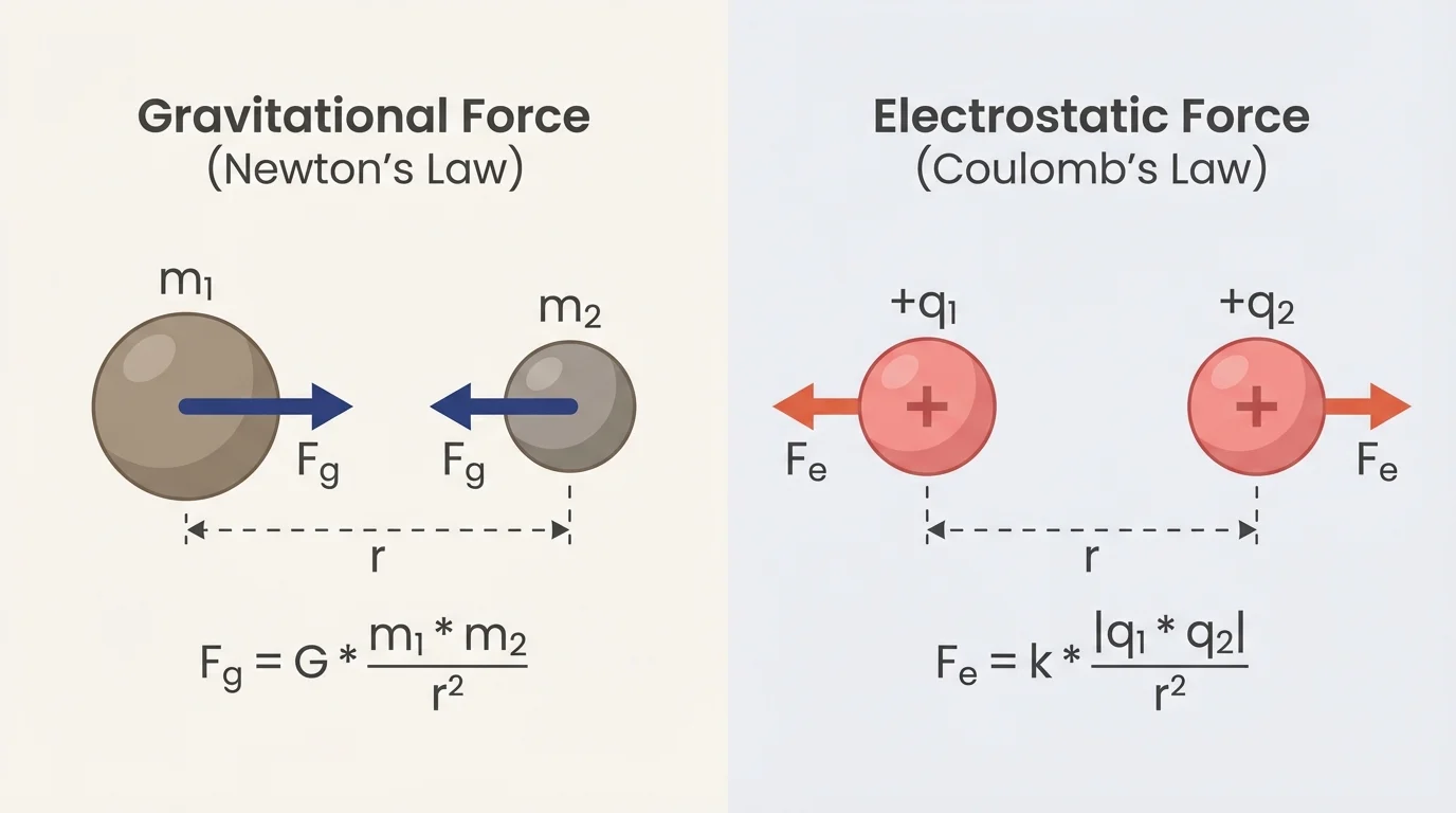 Diagram of two spheres with masses labeled m1 and m2, center-to-center distance labeled r, and arrows showing equal and opposite gravitational forces pulling toward each other