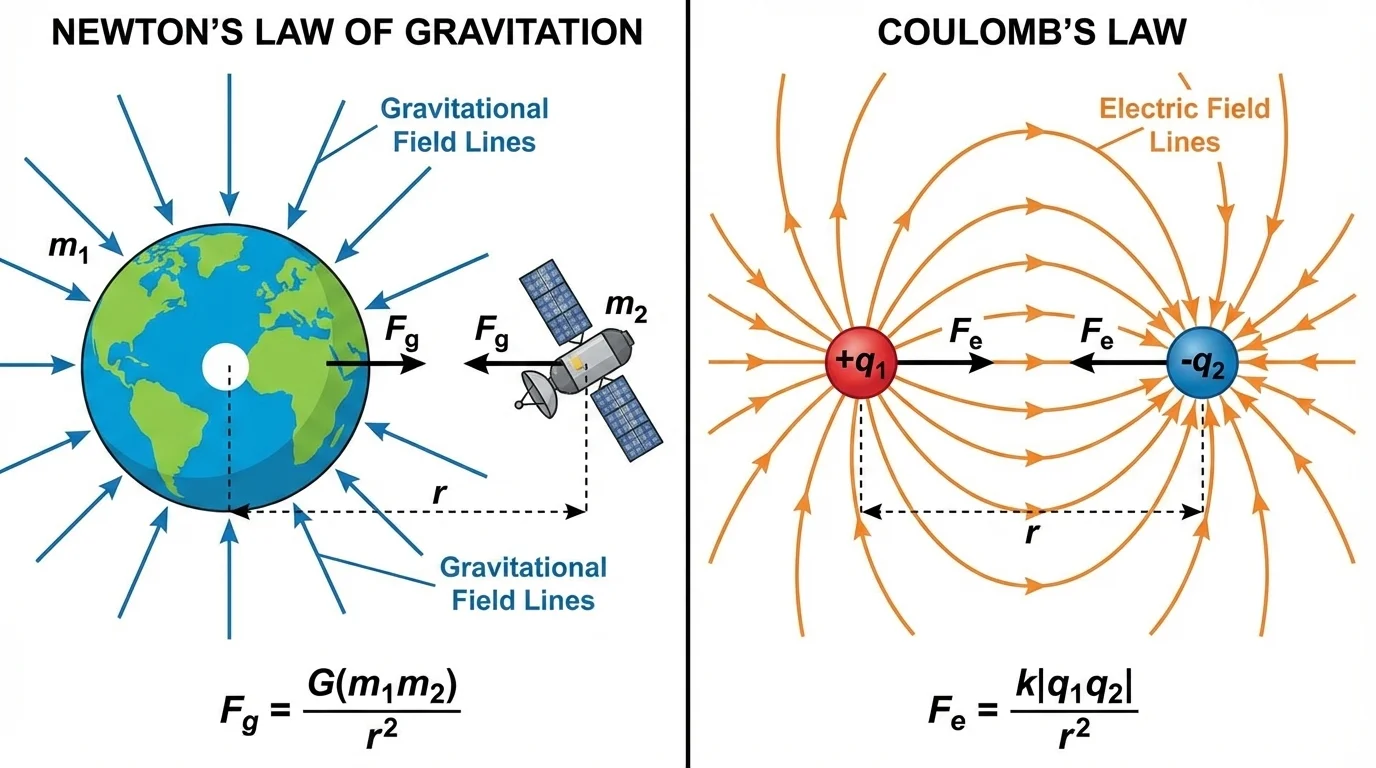 Two side-by-side panels showing Earth and a satellite with gravitational field lines, and a positive and negative charge with electric field lines between them