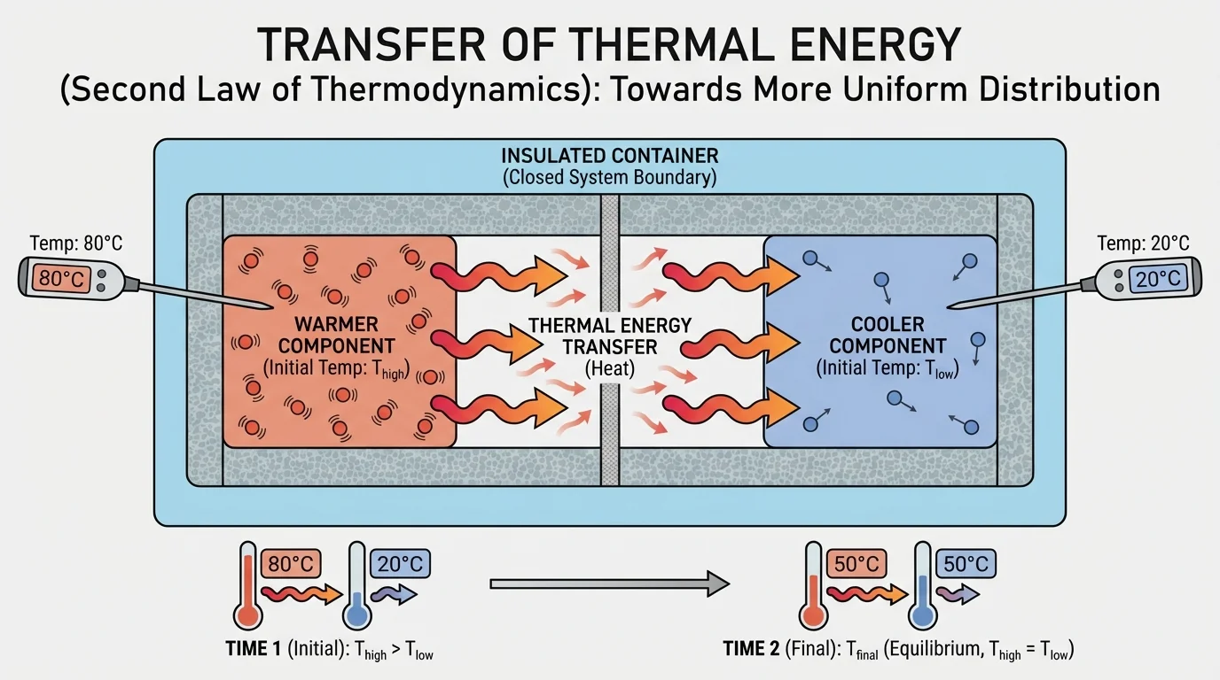 Insulated container with two components at different initial temperatures, thermometer probes, and arrows showing thermal energy moving from warmer to cooler component inside a system boundary