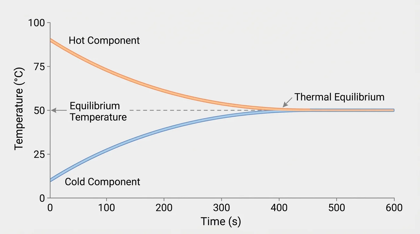 Graph of temperature versus time with a hot component cooling and a cold component warming until both meet at equilibrium