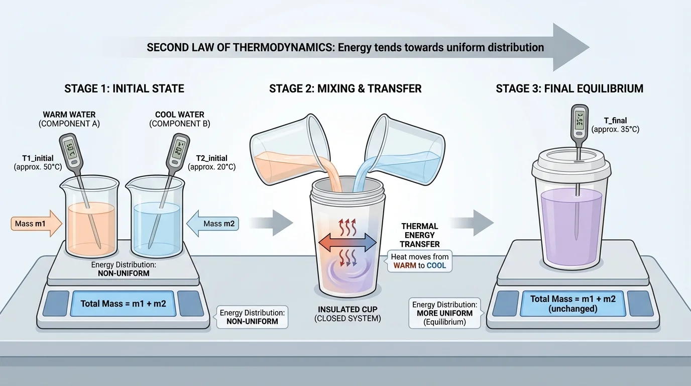 Classroom investigation setup with insulated cup, lid, warm water, cool water, thermometer, balance, and labeled variables such as mass, initial temperature, and final equilibrium temperature