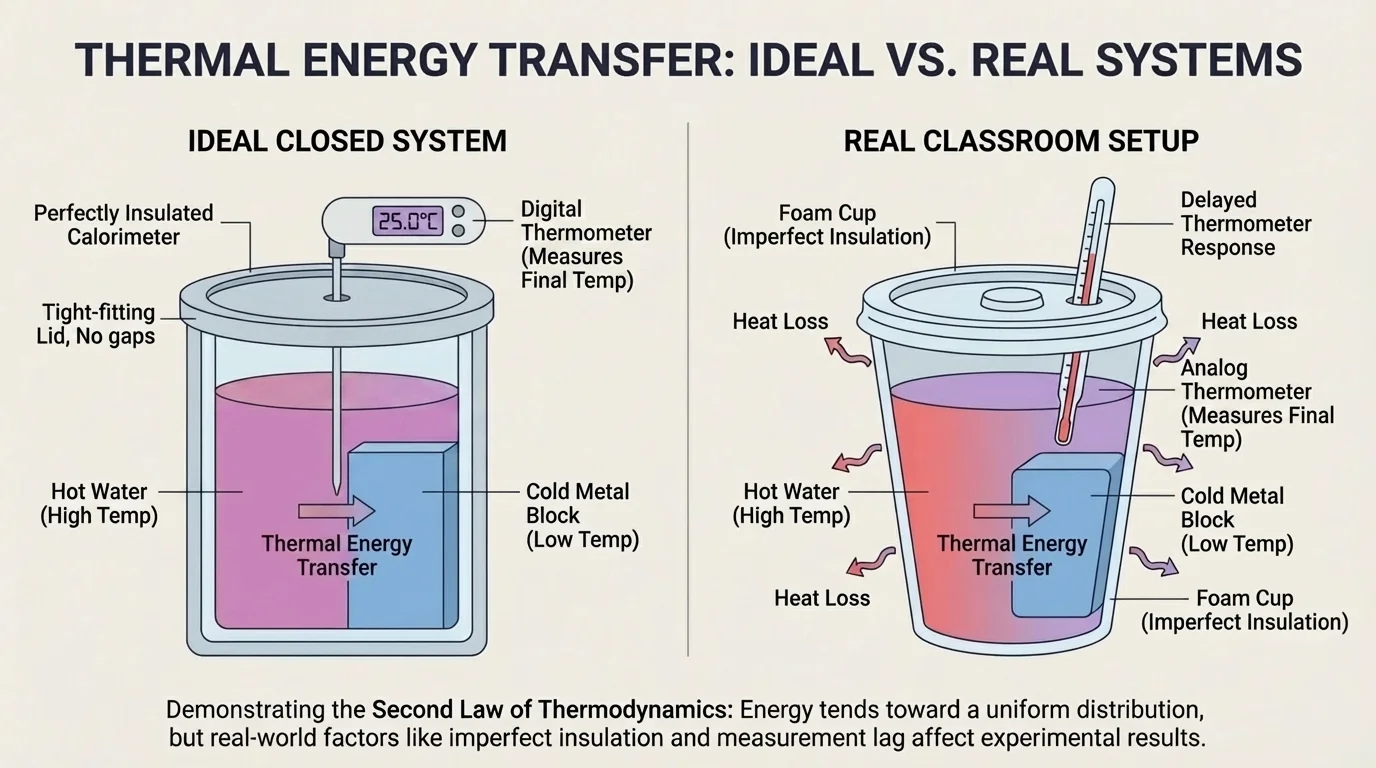 Comparison of an ideal closed system and a real classroom setup showing small heat loss through cup walls and delayed thermometer response