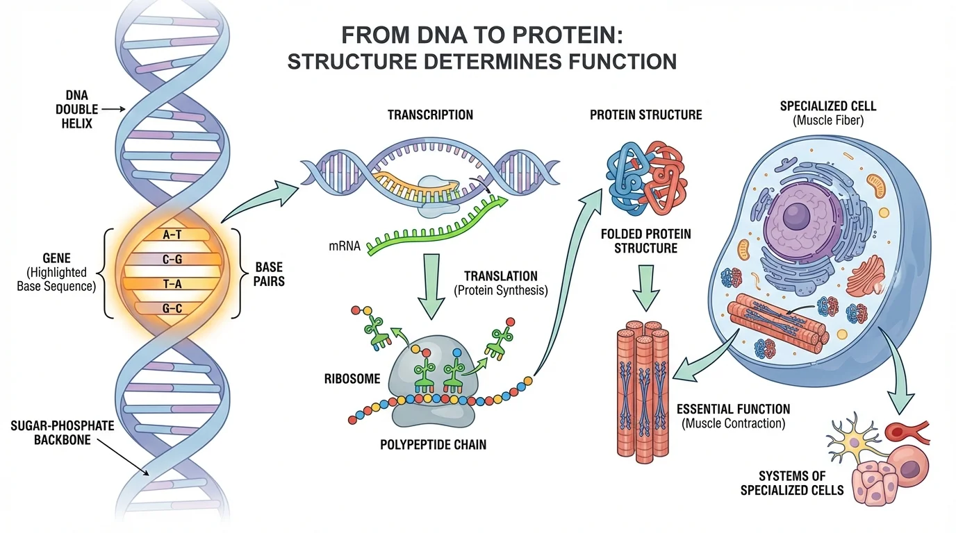Labeled DNA double helix showing sugar-phosphate backbone and a highlighted base sequence segment representing a gene