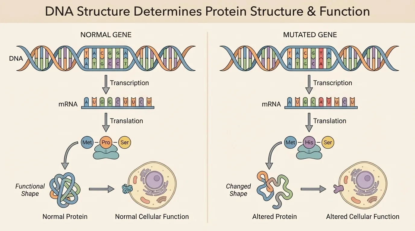 Diagram showing a DNA base change leading to a changed amino acid sequence and an altered protein shape