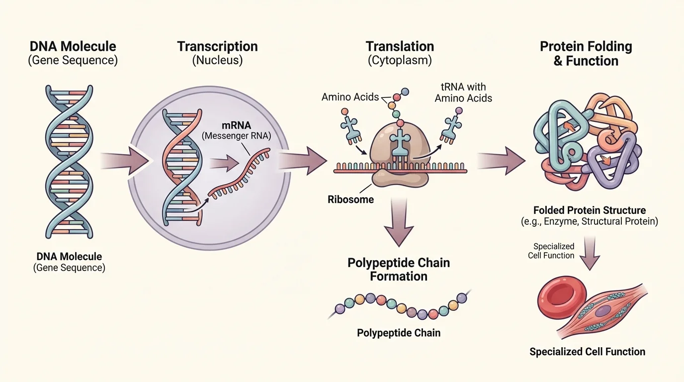 Flowchart showing DNA sequence information leading to amino acid order and then to a folded protein