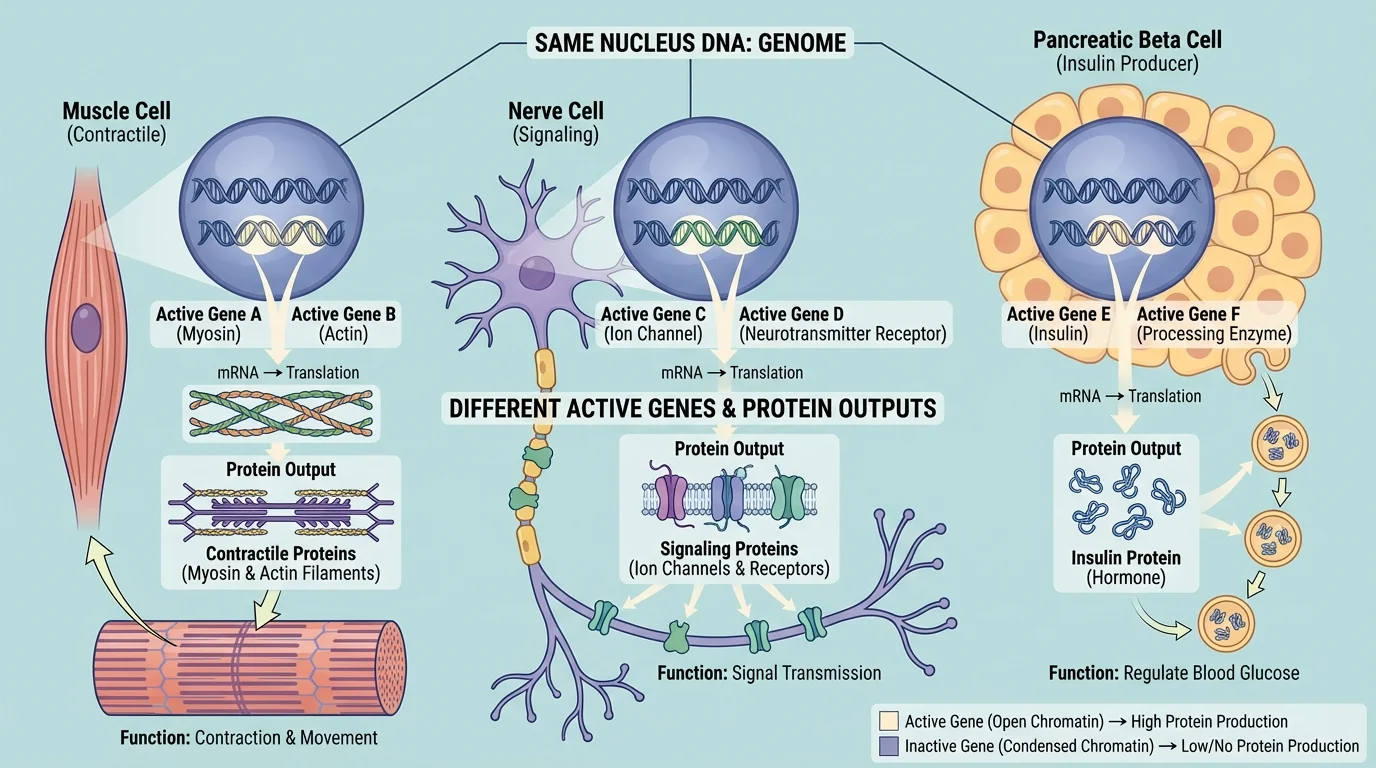 Diagram comparing three specialized cells with the same nucleus DNA but different active genes and different protein outputs