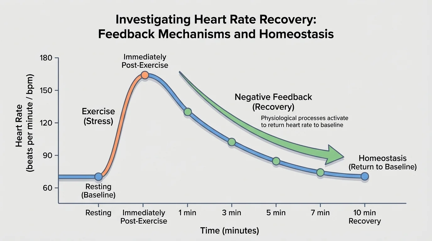 Graph of heart rate over time with points for resting, immediately after exercise, and several recovery minutes showing a sharp rise then gradual decline