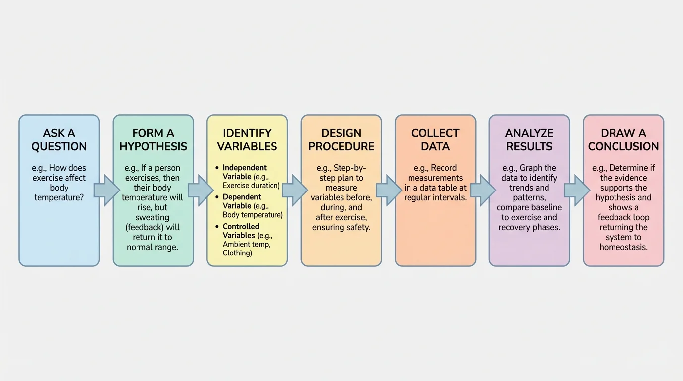 Flowchart showing planning steps for a homeostasis investigation: question, hypothesis, variables, procedure, data collection, analysis, conclusion