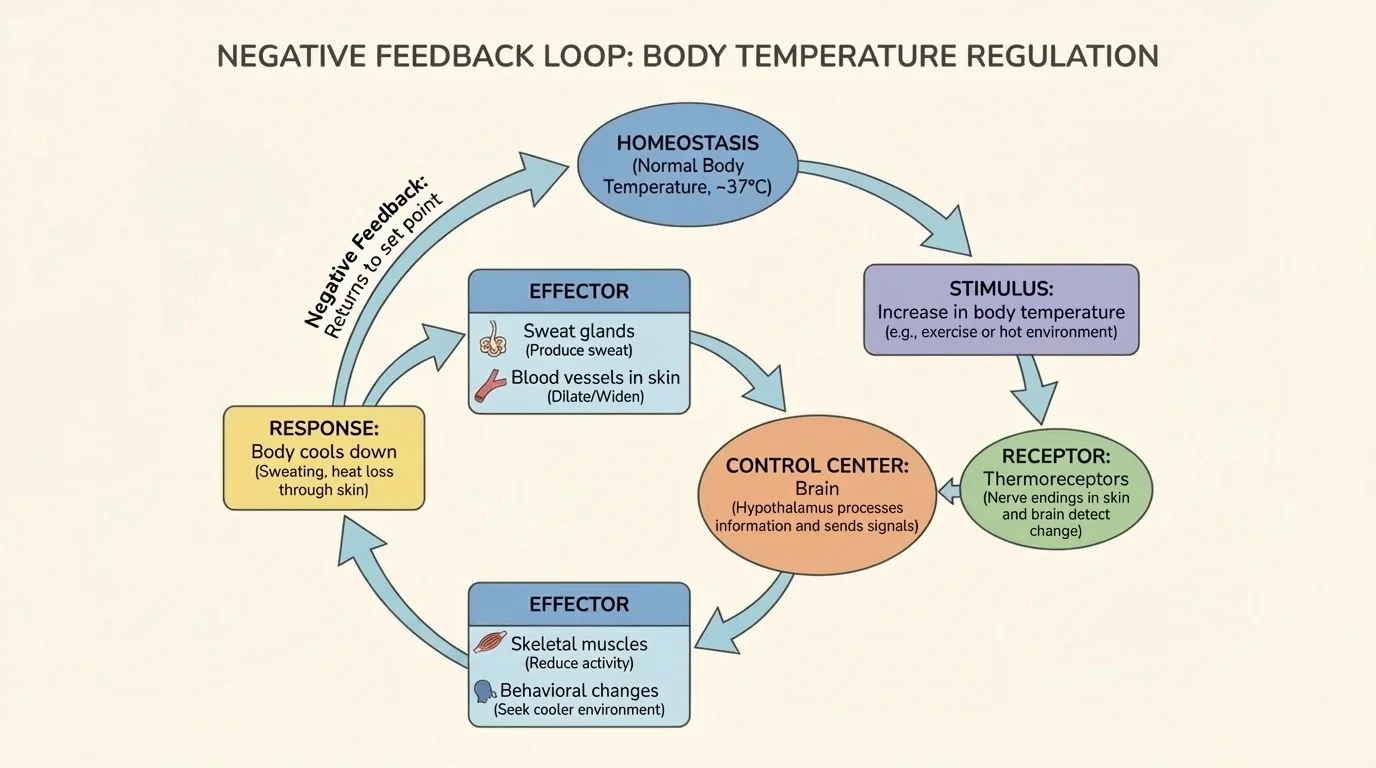 Labeled flowchart of a negative feedback loop using body temperature regulation, with stimulus, receptor, control center, effector, and response arrows