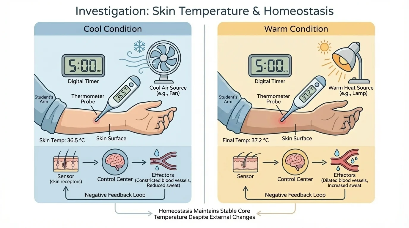 Controlled skin temperature investigation with student, thermometer at the same skin location, timer, and two room conditions labeled cool and warm