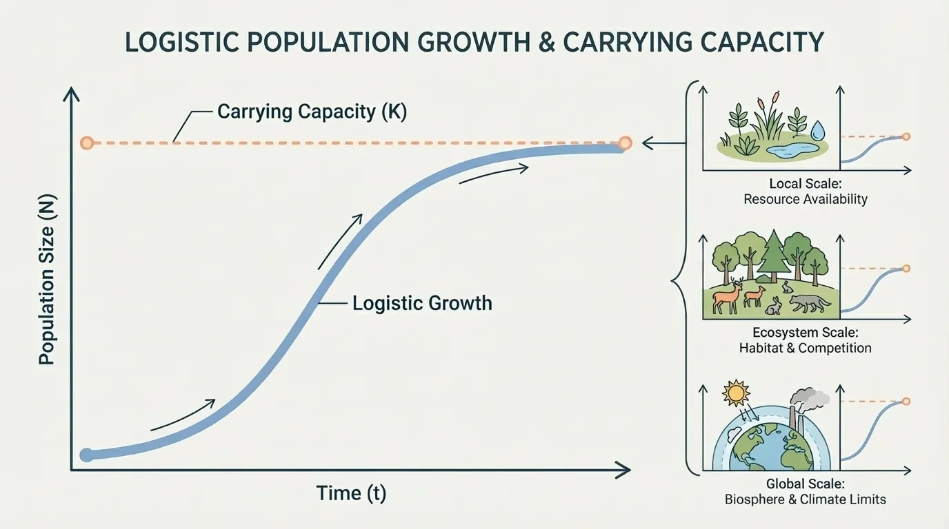 logistic population growth curve rising quickly and leveling off near a horizontal carrying capacity line labeled K