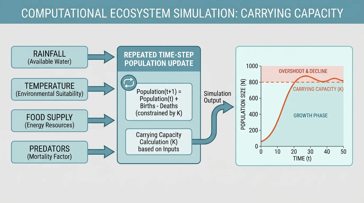 ecosystem simulation flowchart with input boxes for rainfall, temperature, food supply, and predators, arrows to repeated time-step population update, and output graph of population size