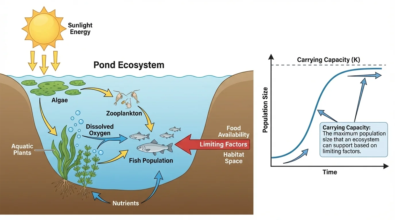 labeled pond ecosystem with fish, algae, zooplankton, sunlight, aquatic plants, and dissolved oxygen arrows showing factors that limit fish population