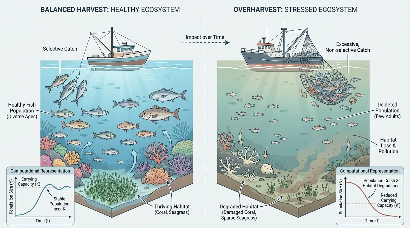 fishery scene comparing balanced harvest with healthy fish population versus overharvest with fewer fish and stressed ecosystem