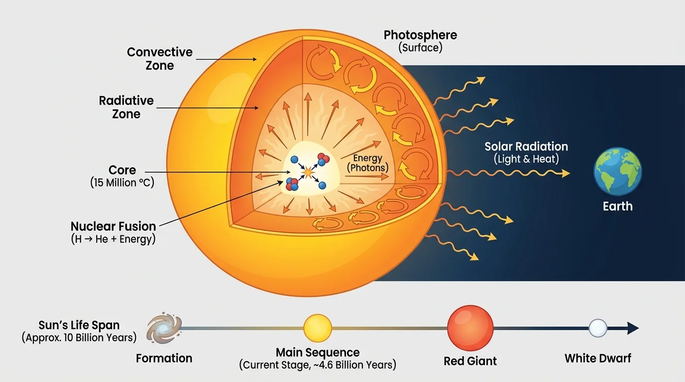 Flow of solar energy from core fusion to radiative transfer, convection, photosphere, and radiation arriving at Earth