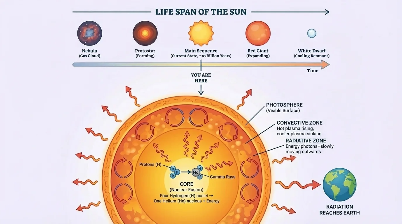 Labeled cross-section of the Sun showing core, radiative zone, convective zone, photosphere, and arrows indicating energy moving outward